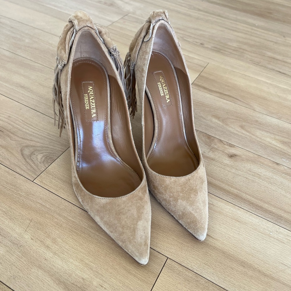 Aquazzura Tan Suede Fringe Heels